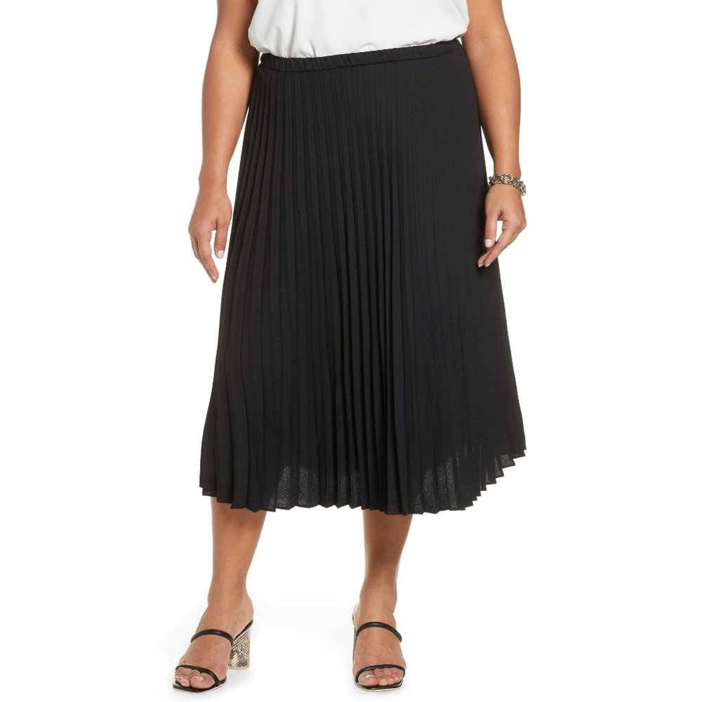 NEW Halogen Plus Size 1X Pleated Midi Skirt Black Elastic Waist Business Casual